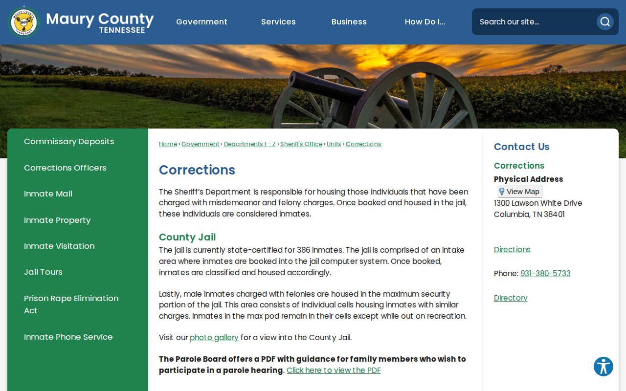Maury County Jail corrections page without a released inmate feed