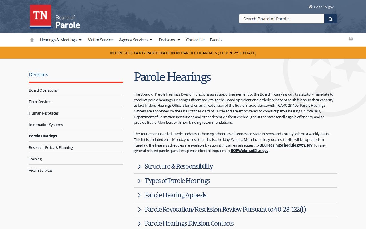 Maury County parole hearing records from the Tennessee Board of Parole